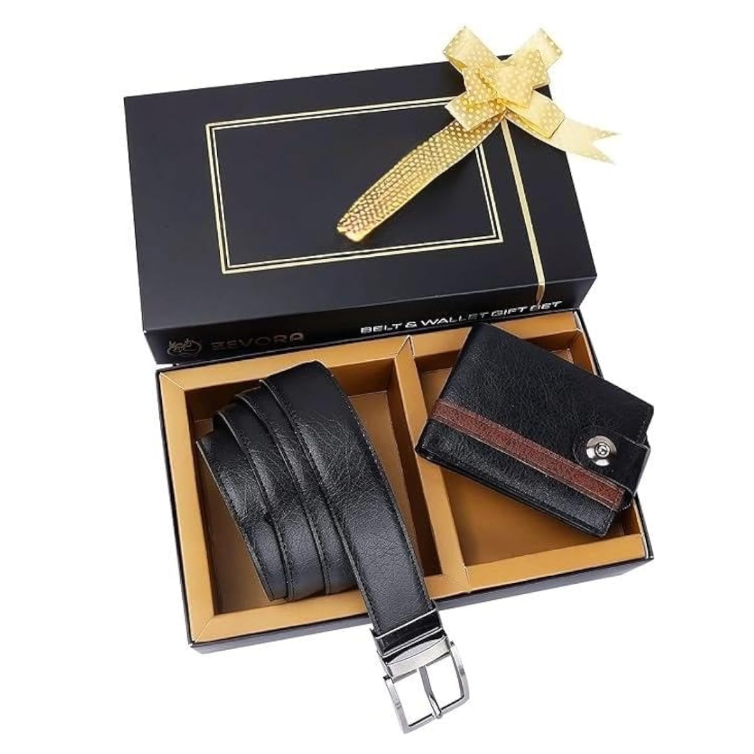 ZEVORA Pack of 2 Leather Belt & Wallet Gift Set for Men with Ribbon